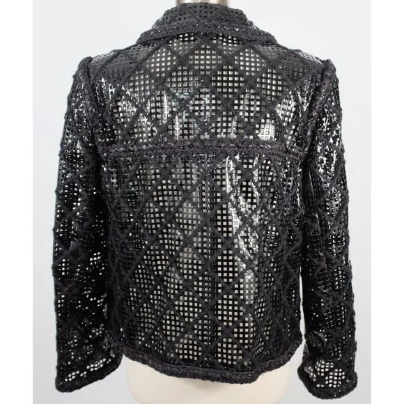 Chanel Brasserie 15K jacket coat 48 / 16 faux leather PVC perforated tweed black